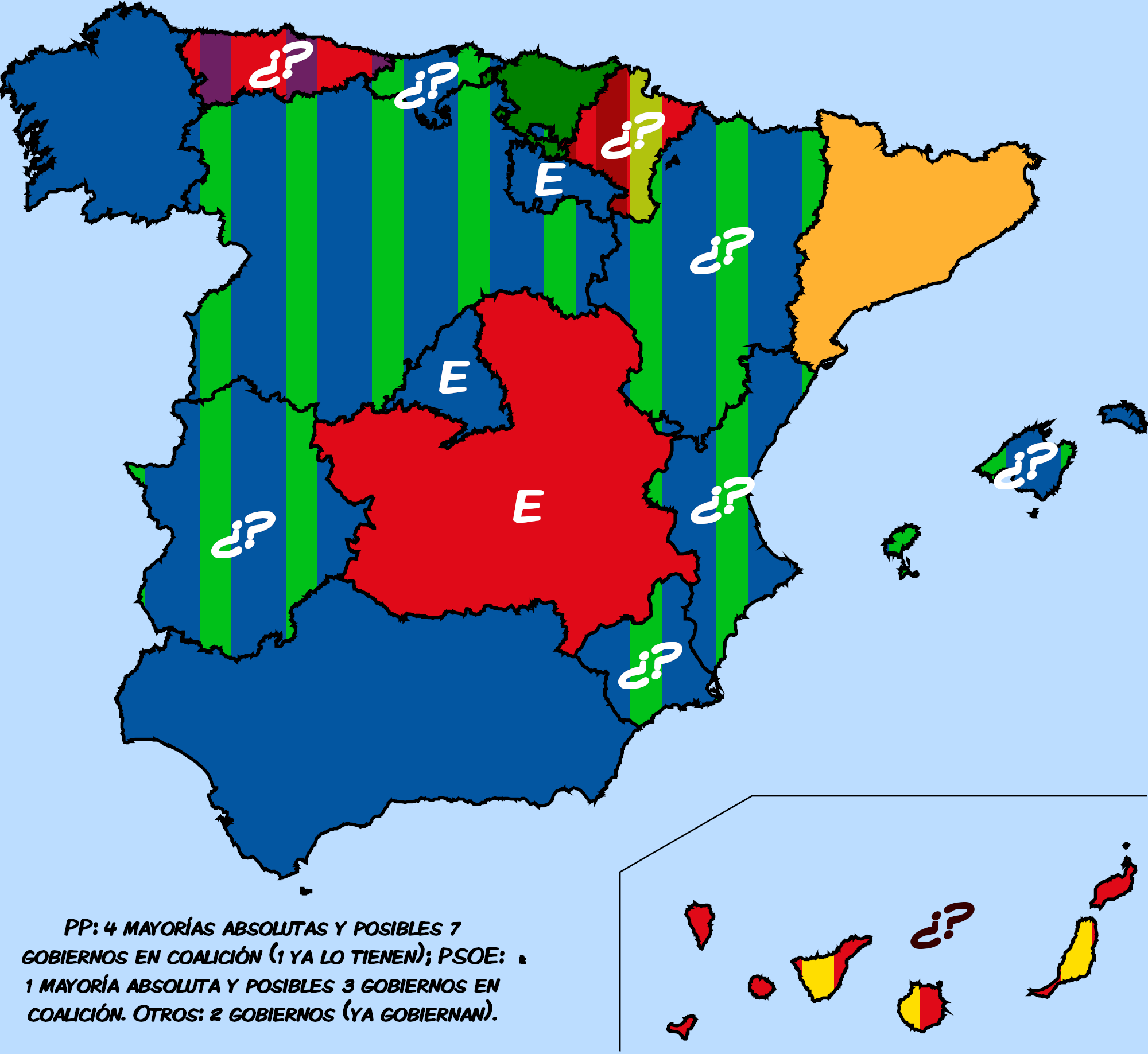 Las CC.AA. españolas tras las elecciones del 28 de mayo de 2023; gobiernos existentes, electos y posibles.